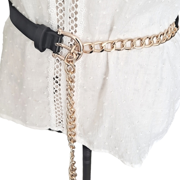 Womens edgy black Faux leather Y2K metal gold chain waist punk rock dress belt - Picture 7 of 17